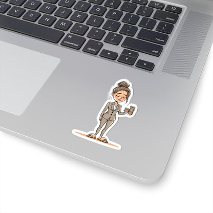 Coffee Lover Kiss-Cut Stickers - Cute Businesswoman Design for Laptops, Notebooks, and More